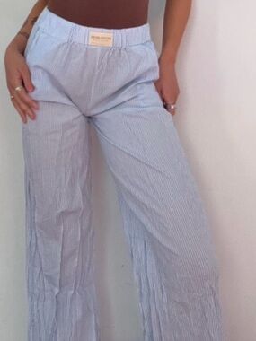 Light Blue Striped Wide-Leg Pants - Casual Comfort